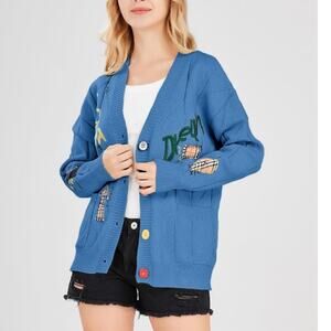 EBOSSY Cable Knit Open front Cardigan Embroidery Sport Dream Small BLUE